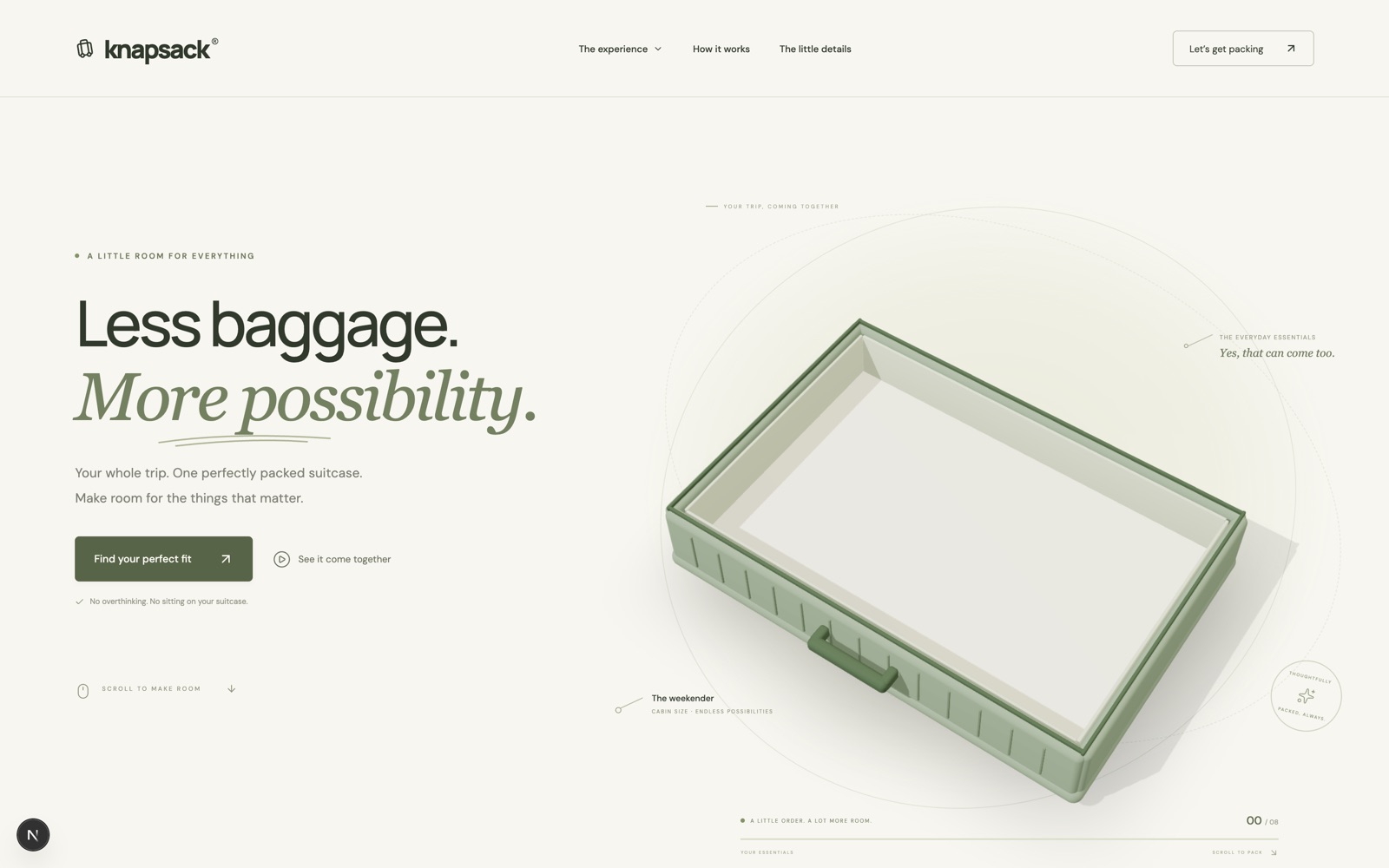 Knapsack landing page with an open 3D suitcase