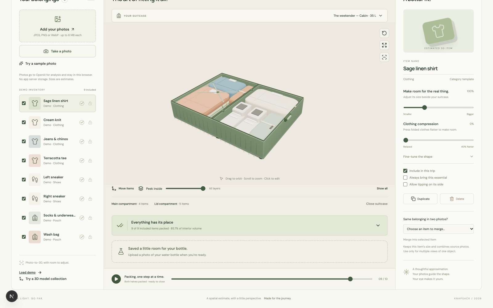 The packing workspace with a demo inventory, a packed suitcase, and the item editor